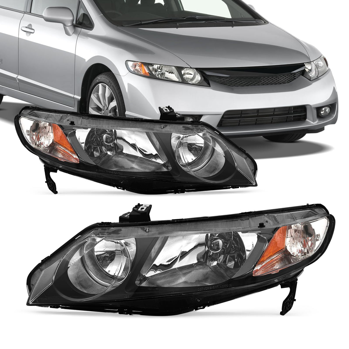 2006-2011 Honda Civic 4 Door Black Headlights Pair X3749