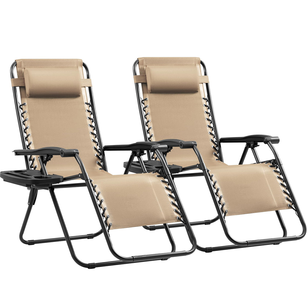 Set of 2 Beige Adjustable Steel Mesh Lounge Chairs with Cup Holder A706