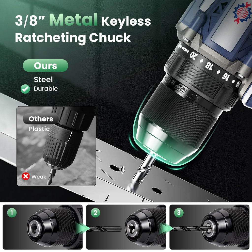 Brushless Cordless Drill Set 70N.m 3/8" Keyless Metal Chuck S746713