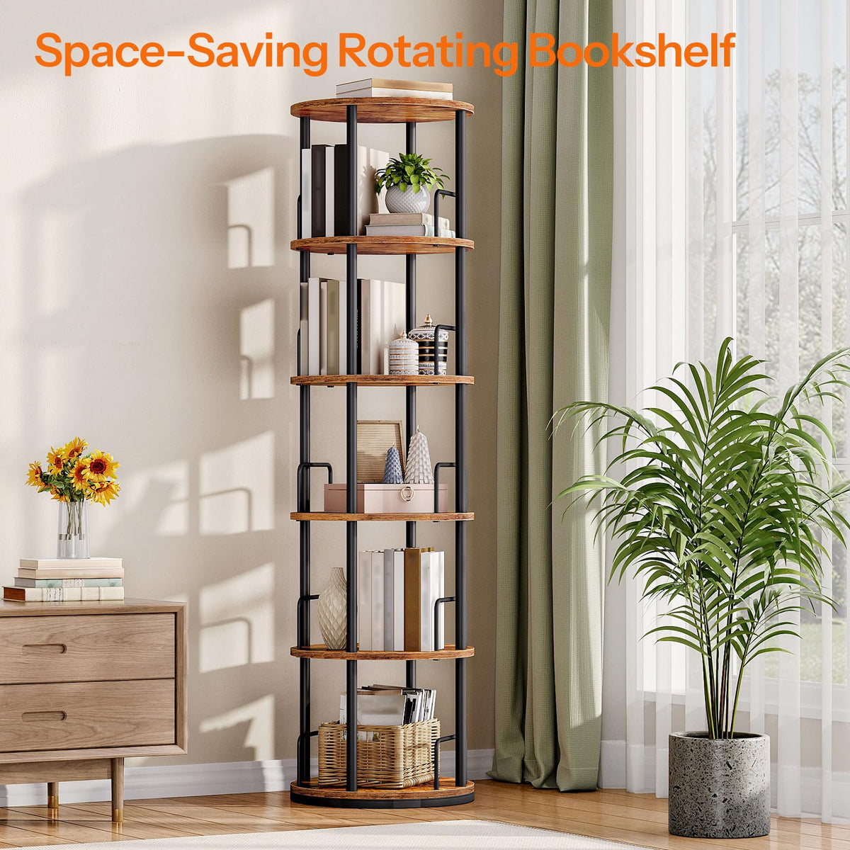 5-Tier Rotating Bookshelf, 360° Spinning Bookcase, Rustic Brown N289826