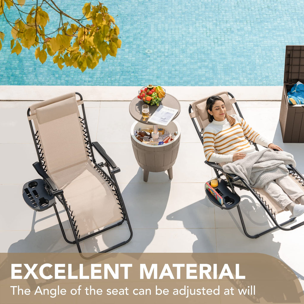Set of 2 Beige Adjustable Steel Mesh Lounge Chairs with Cup Holder A706
