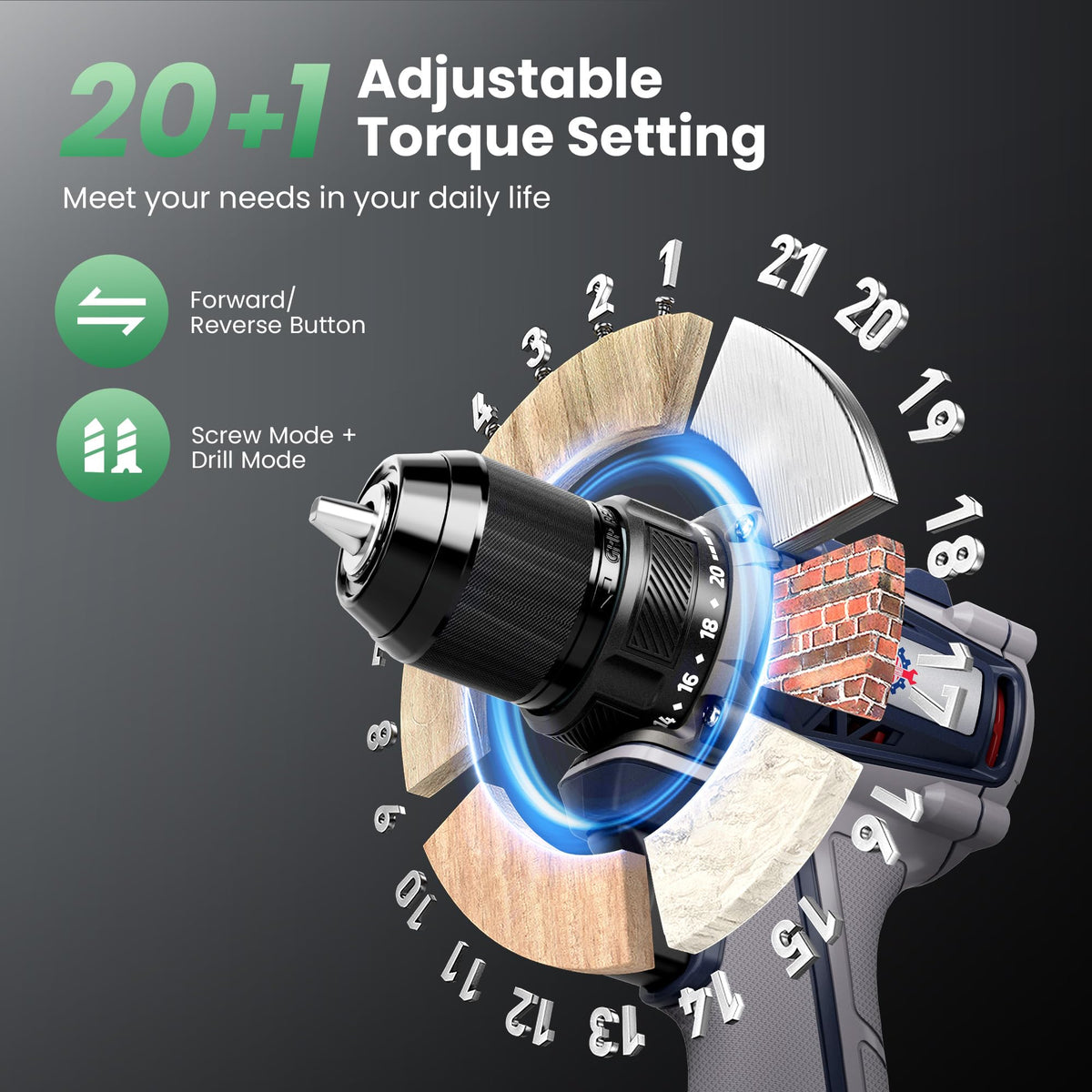 Brushless Cordless Drill Set 70N.m 3/8" Keyless Metal Chuck S746713
