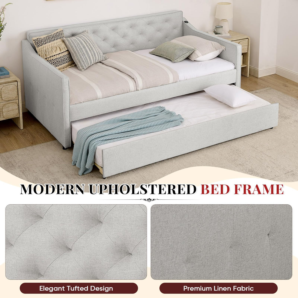 Twin to King Size Beige Daybed with Pop Up Trundle S948