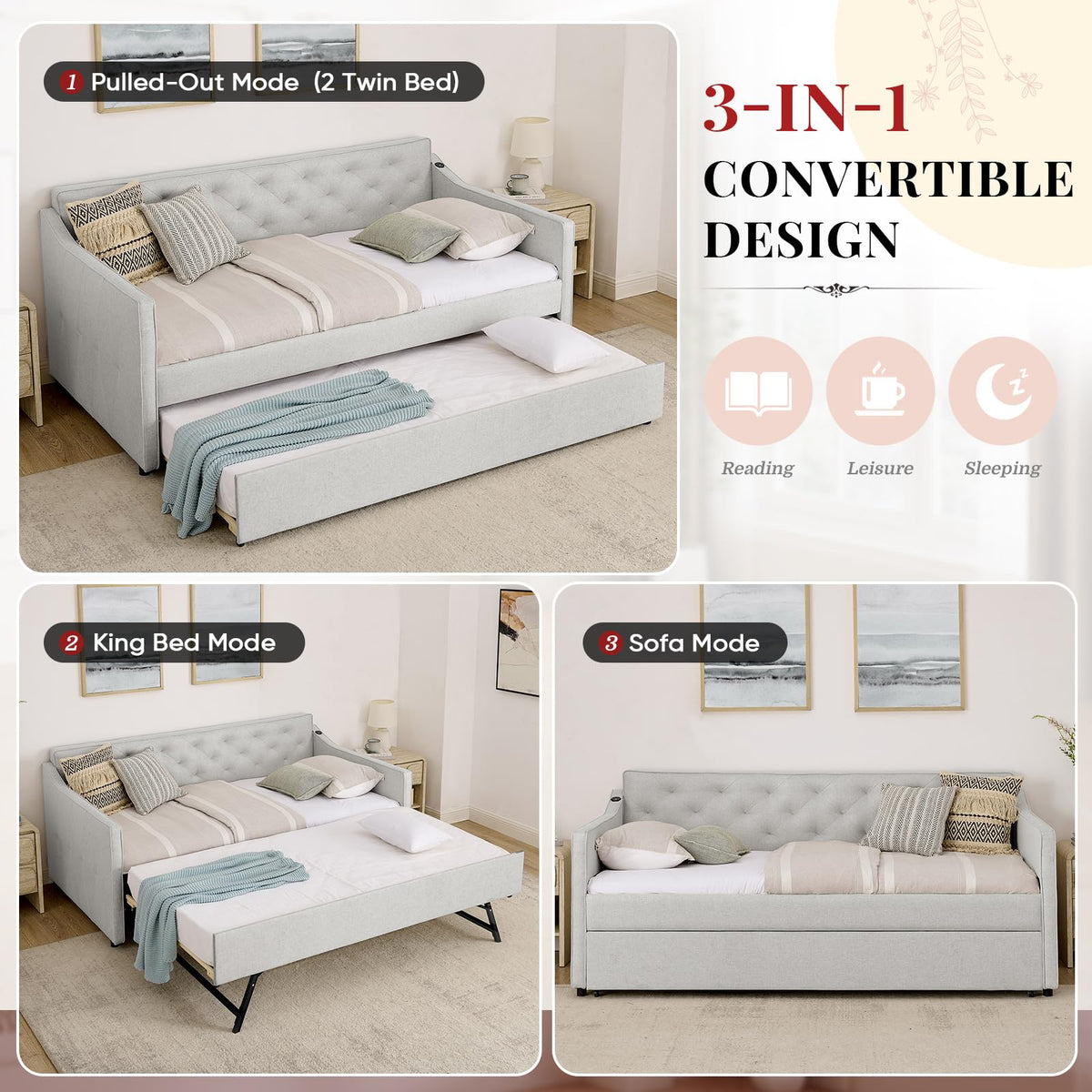 Twin to King Size Beige Daybed with Pop Up Trundle S948