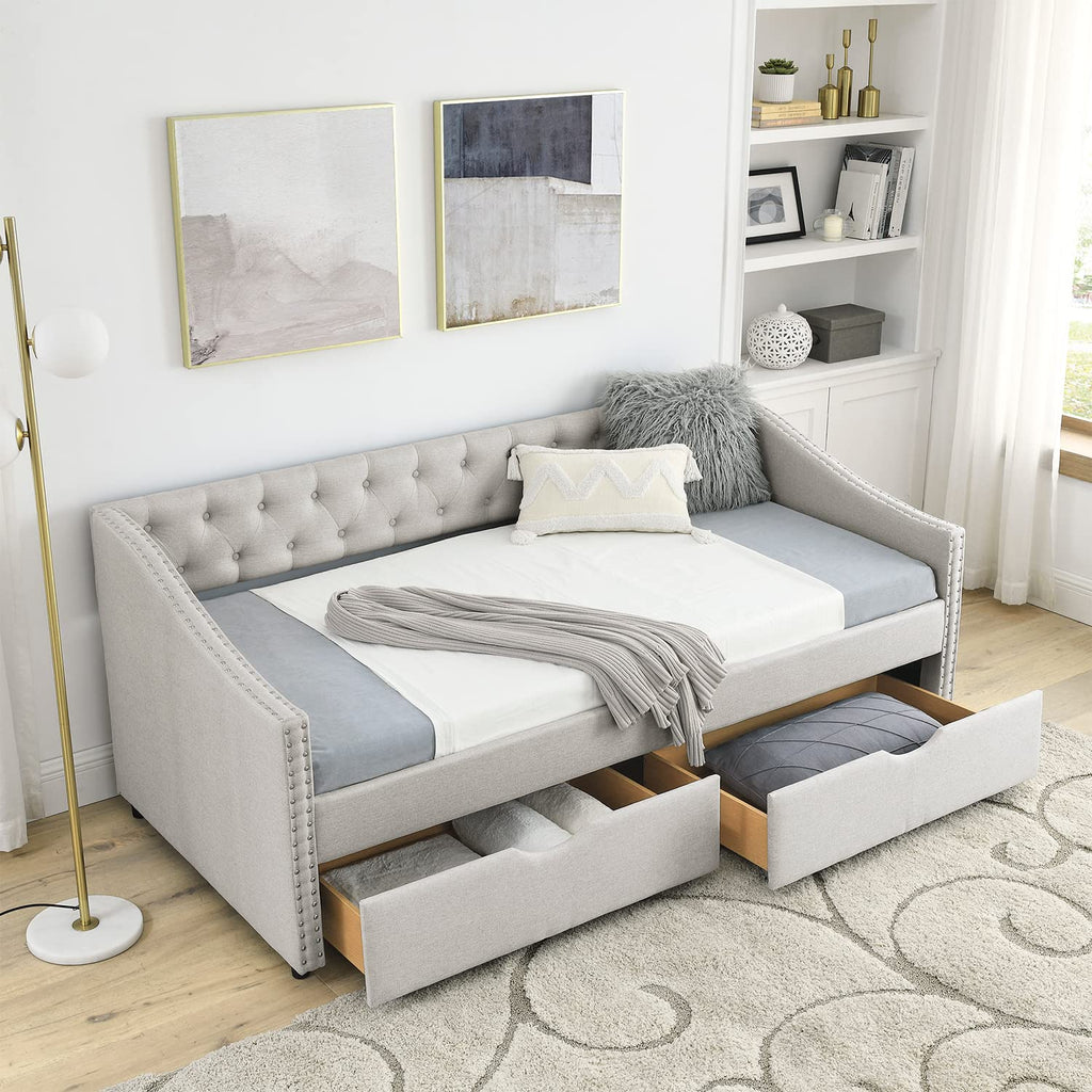 Beige Twin Size Upholstered Daybed with Drawers T887968