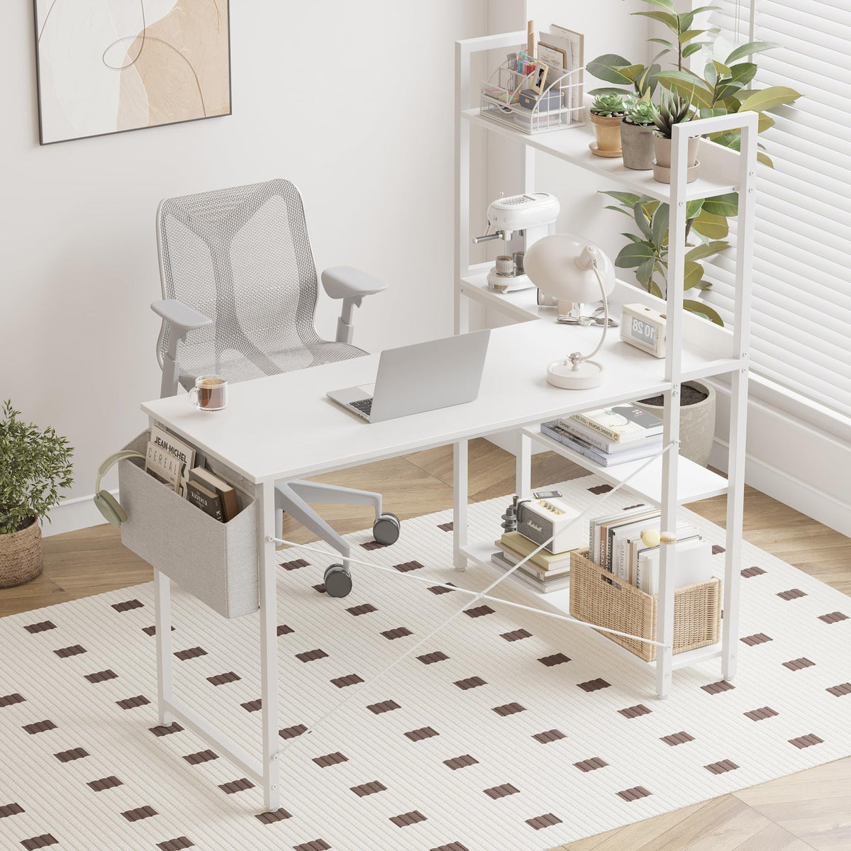 47 Inch White Computer Desk with Bookshelf T902