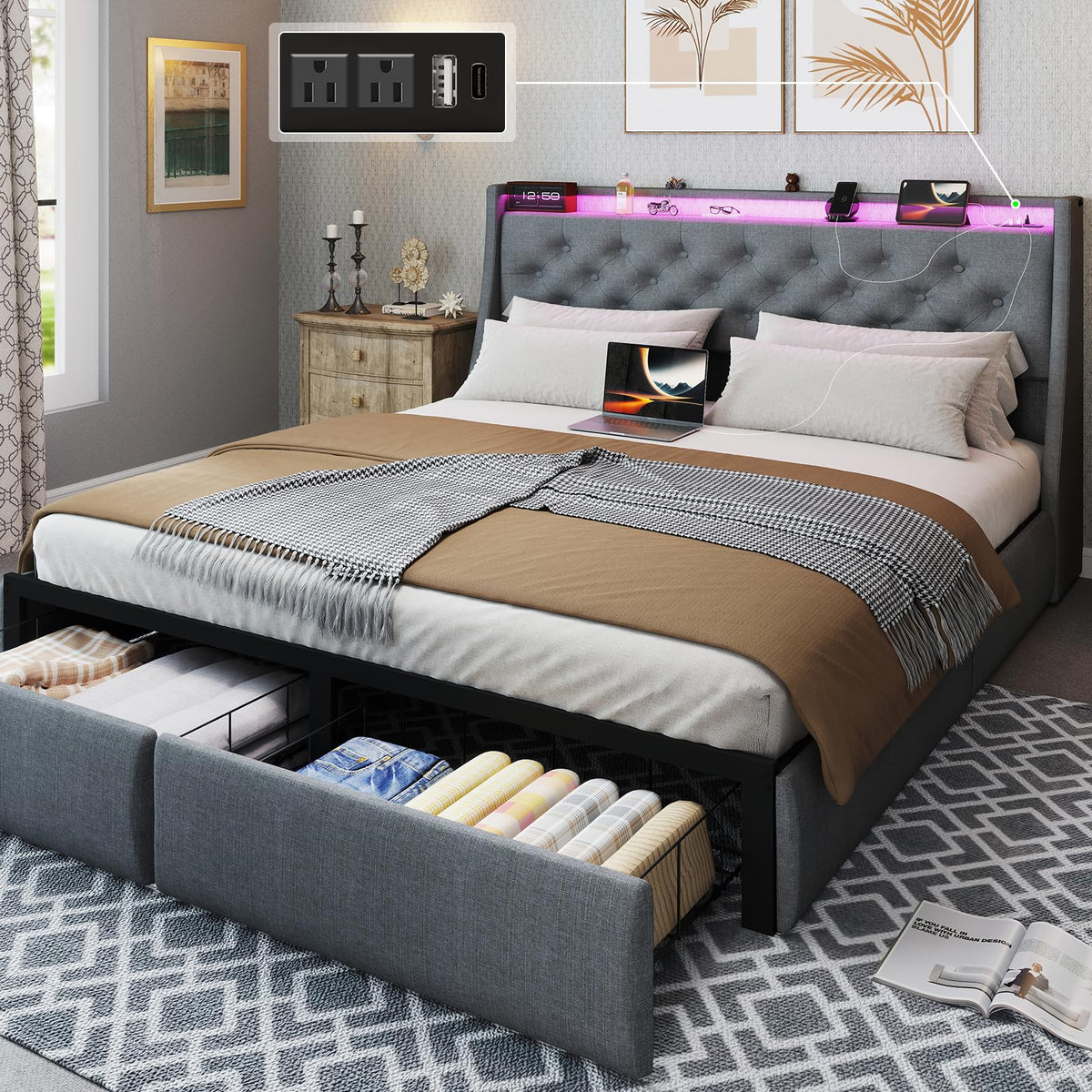 Queen Size Grey Bed Frame with 2 Storage Drawer R968