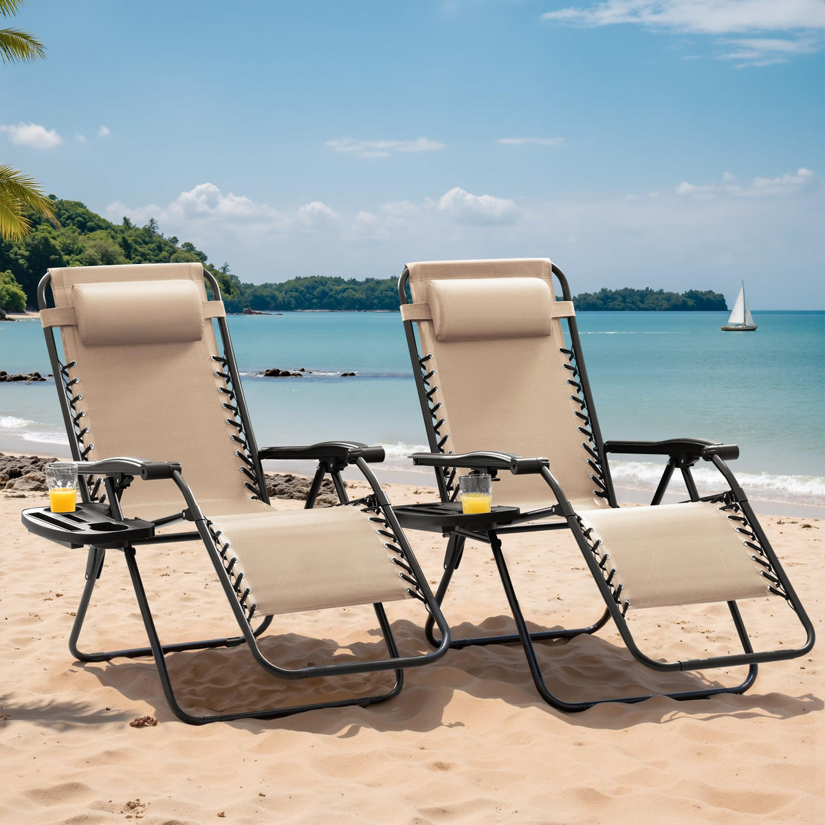 Set of 2 Beige Adjustable Steel Mesh Lounge Chairs with Cup Holder A706
