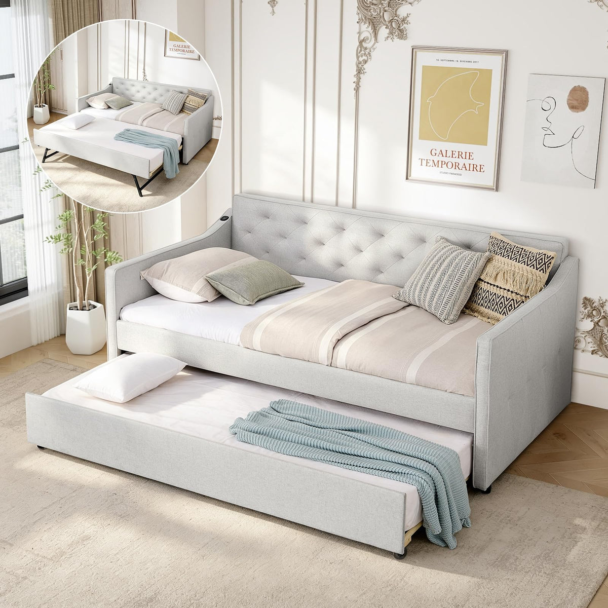 Twin to King Size Beige Daybed with Pop Up Trundle S948