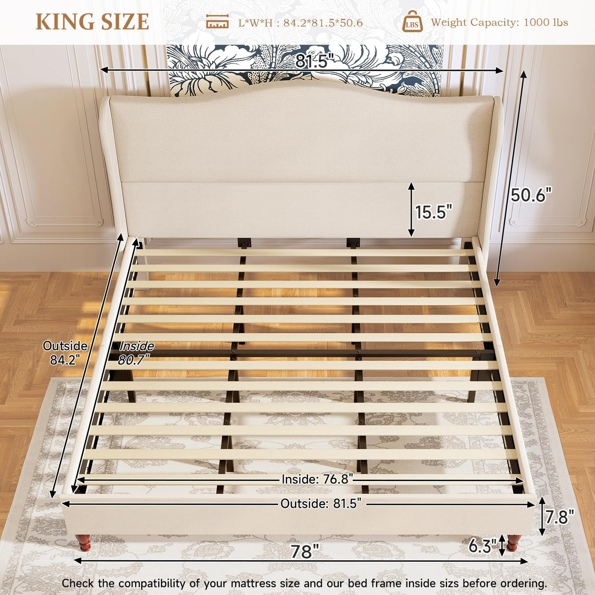 King Size Upholstered Platform Bed with Tall Headboard Y796