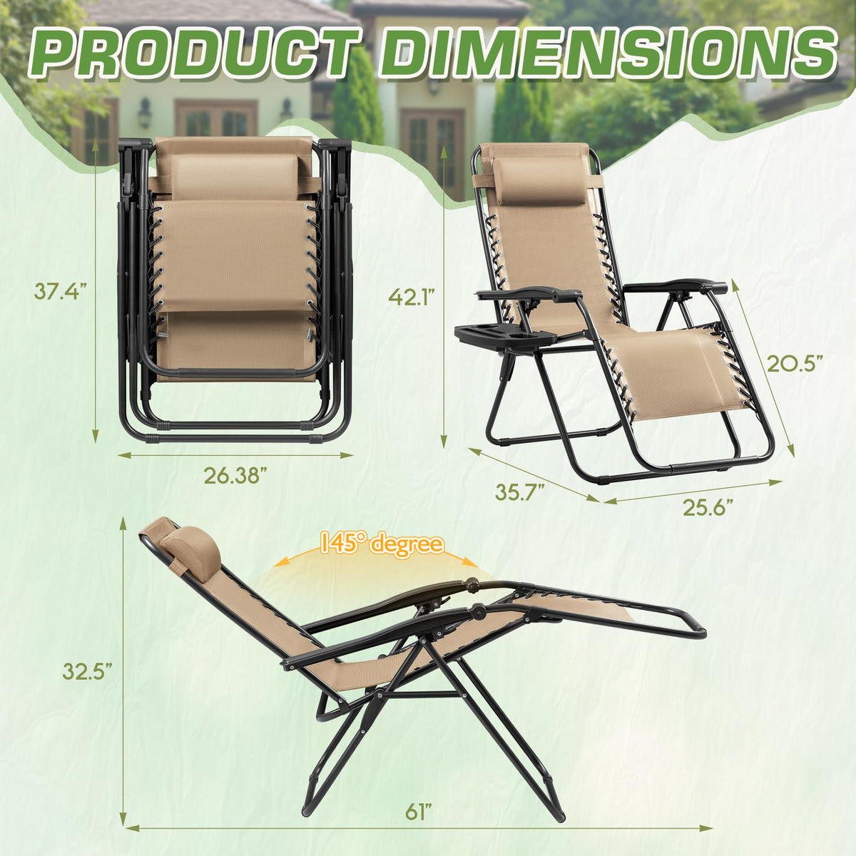 Set of 2 Beige Adjustable Steel Mesh Lounge Chairs with Cup Holder A706