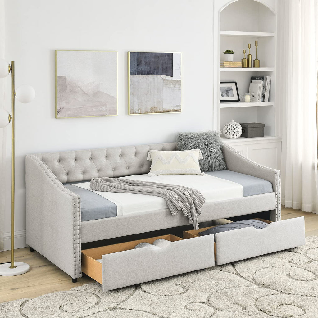 Beige Twin Size Upholstered Daybed with Drawers T887968