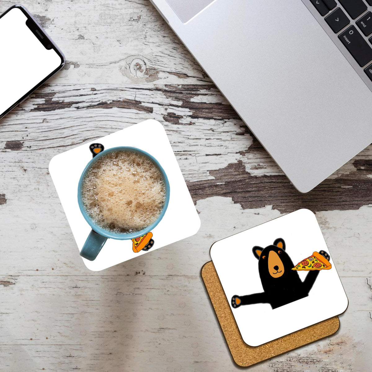 Black Bear Eating Pizza Set of 4 Coasters J5015
