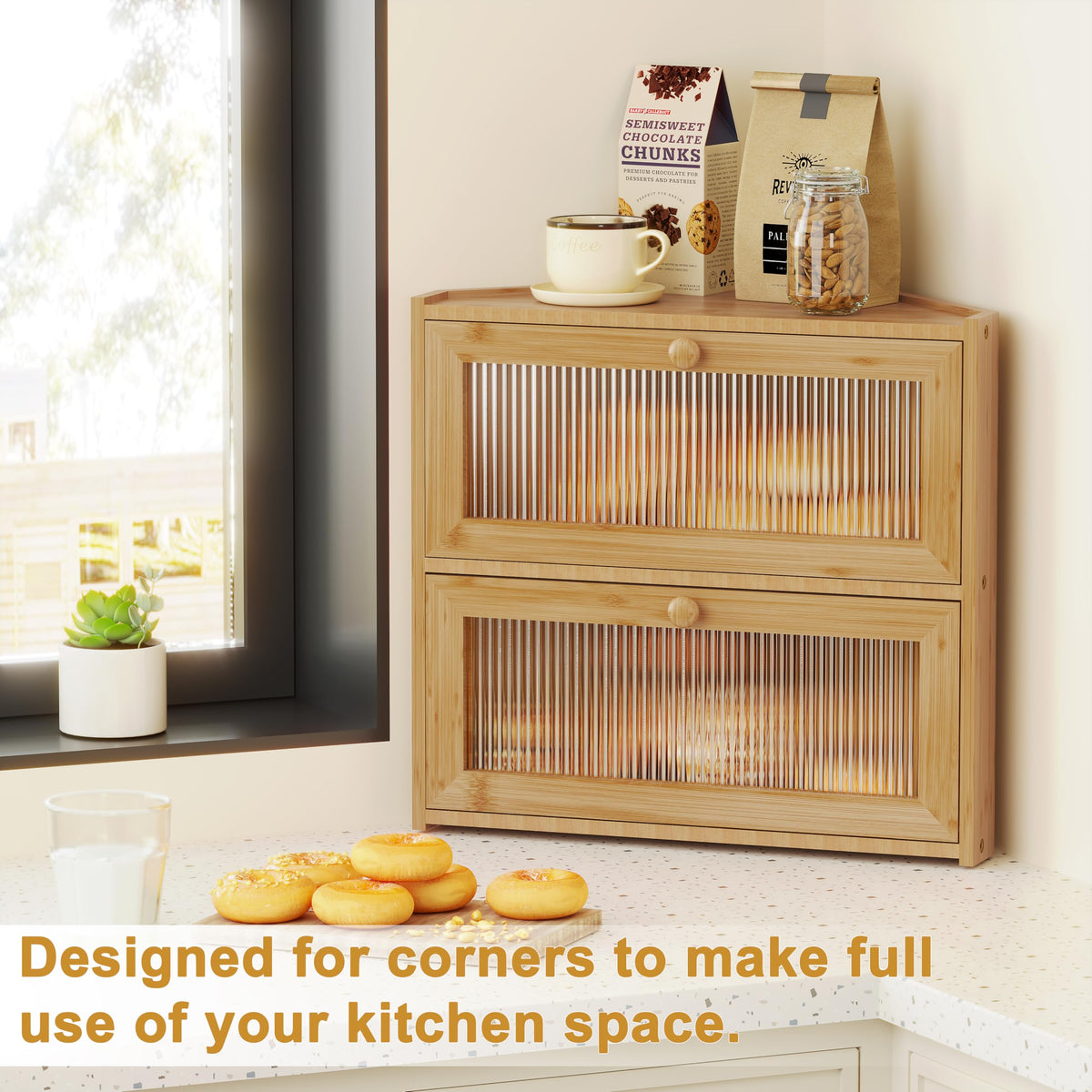 Double Layer Bamboo Bread Box with Wavy Windows T8681