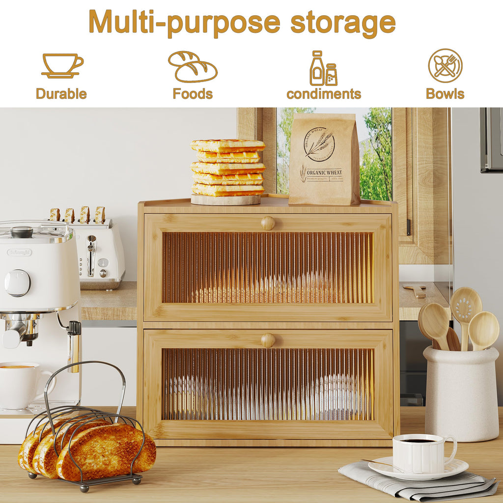 Double Layer Bamboo Bread Box with Wavy Windows T8681