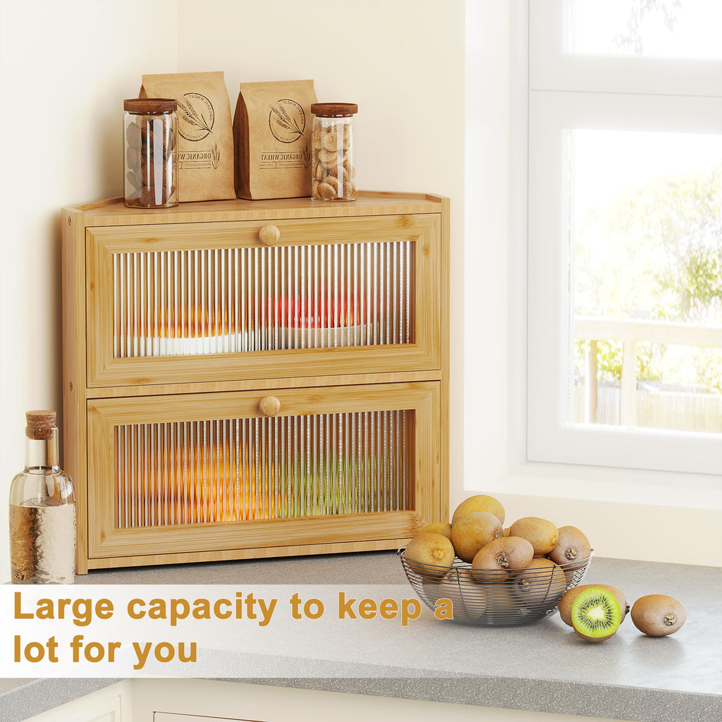 Double Layer Bamboo Bread Box with Wavy Windows T8681